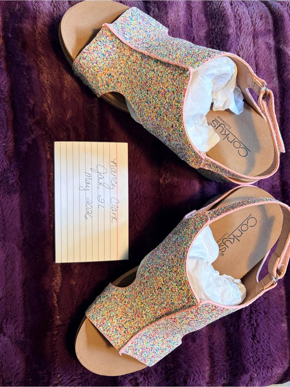 Corkys Multicolor Glitter Slide Sandals with Pink Trim